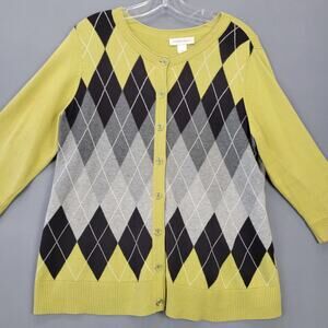 Christopher Banks Green Argyle Sweater Womens Size L Classic 3/4 Sleeves Buttons